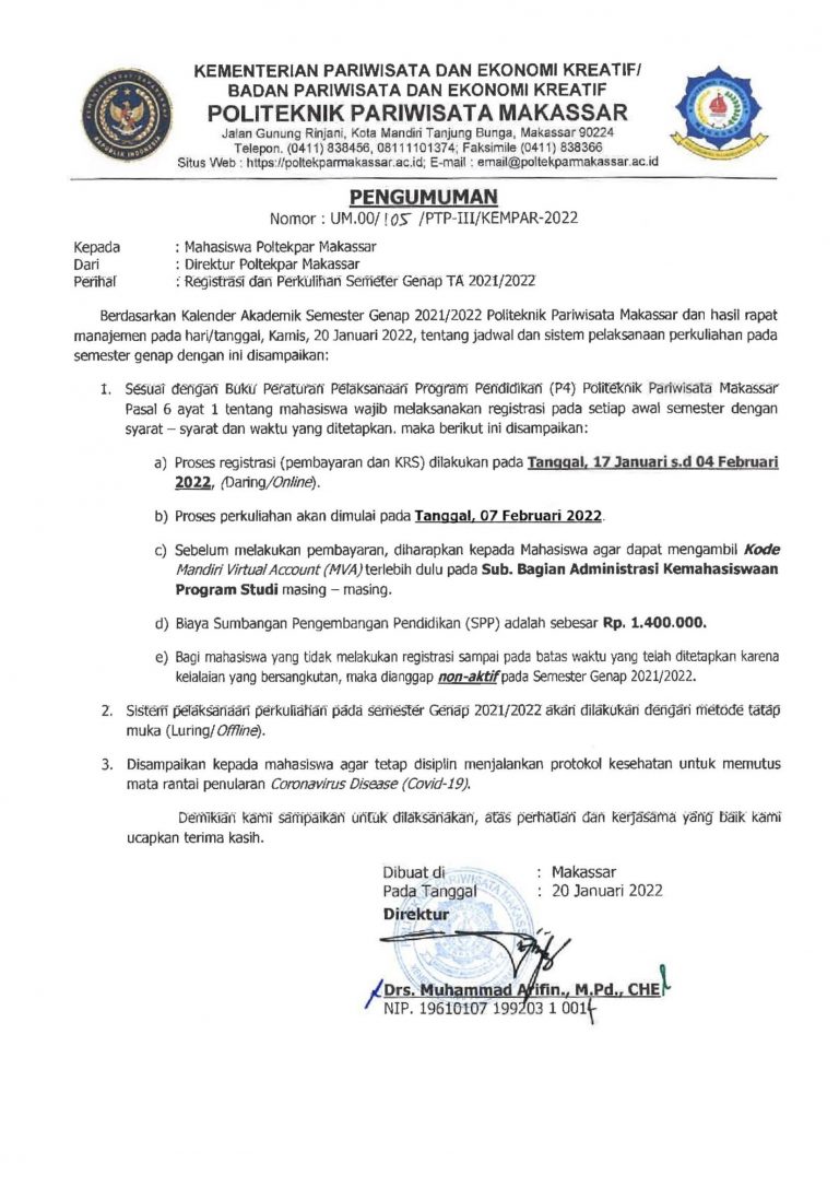 Pengumuman Registrasi & Perkuliahan Genap TA 2021-2022